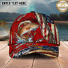 Maxcorners Fishing Ripped Red American Flag Hook Personalized Name 3D Cap (12 Fish Species)