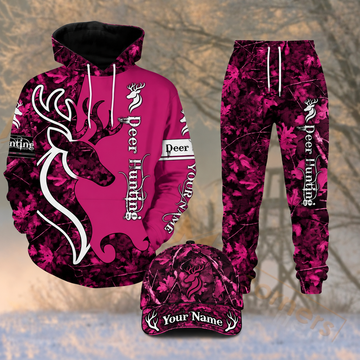 Maxcorners Hunting Magenta Pink Camo Deer Graphic Pattern Personalized 3D Combo Hoodie, Sweatpants Set & Cap