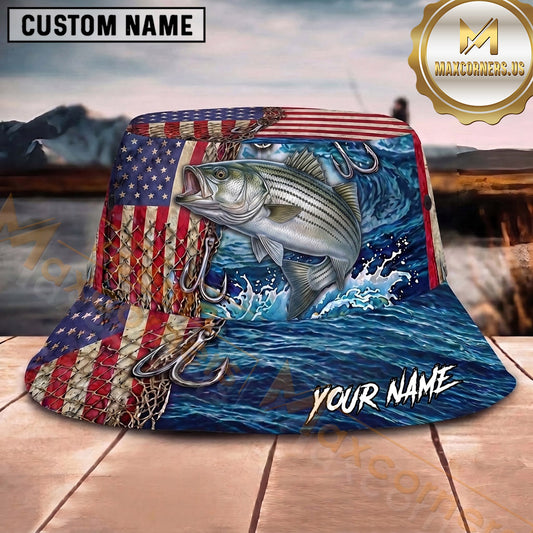 Maxcorners Fishing Patriotic American Flag Fishing Design with Dynamic Water Splash Personalized Name 3D Bucket Hat (13 Fish Species)