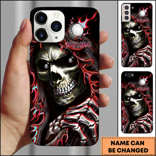 Maxcorners Golf Badass Flaming Skull Holding Golf Ball Crimson Red Personalized Phone Case