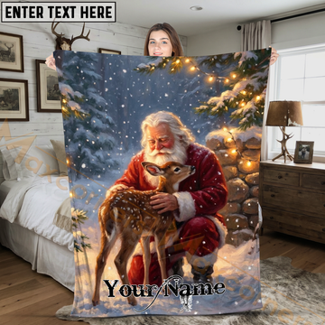 Maxcorners Magical Christmas Santa Claus and Baby Fawn Snowy Forest Personalized 3D Blanket