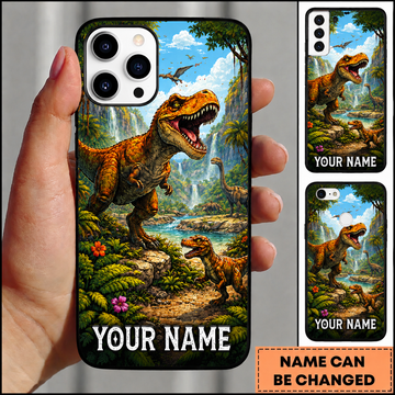 Maxcorners Hunting Dinosaur World T-Rex Wilderness Tropical Waterfall Paradise Customized Name Phone Case