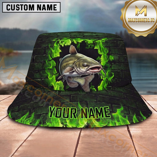 Maxcorners Fishing Neon Green Flame Personalized Name 3D Bucket Hat (12 Fish Species)