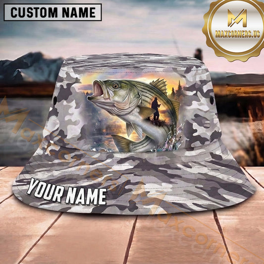 Maxcorners Fishing Blue Camo Fishing Illustration with Dynamic Splash Personalized Name 3D Bucket Hat (13 Fish Species)