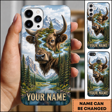 Maxcorners Hunting Highland Cow Waterfall Mountain Stream Pine Forest Double Exposure Customized Name Phone Case