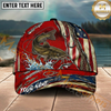 Maxcorners Fishing Ripped Red American Flag Hook Personalized Name 3D Cap (12 Fish Species)