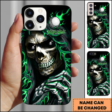 Maxcorners Golf Badass Flaming Skull Holding Golf Ball Neon Green Personalized Phone Case