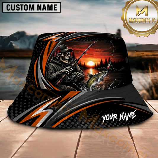 Maxcorners Skeleton Angler Fishing Orange Sunset Personalized Name 3D Bucket Hat (12 Fish Species)