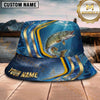 Maxcorners Fishing Blue Gold Wave Personalized Name 3D Bucket Hat (12 Fish Species)