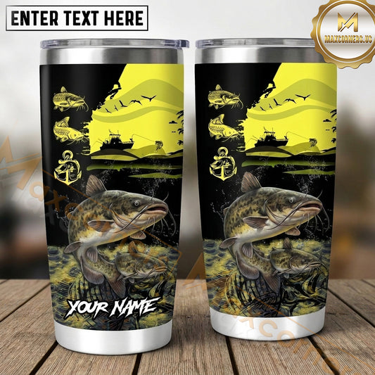 Maxcorners Fishing Tumbler Neon Yellow Sunset Angler Design Personalized Name Tumbler (13 Species)