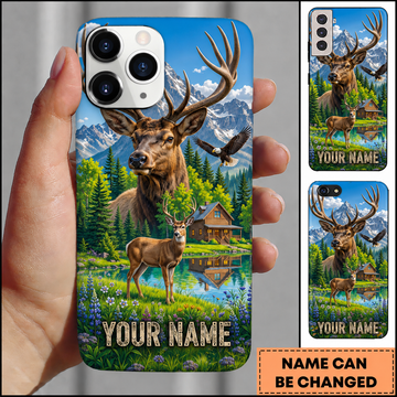 Maxcorners Hunting Majestic Elk Forest Log Cabin Blooming Lake Nature Customized Name Phone Case