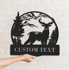 Maxcorners Personalized Deer Hunting Metal Sign WITH LED/WITHOUT LED Light Mountain Scene Custom Text Rustic Wall Art Gift LM0110