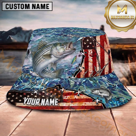 Maxcorners Fishing Red White Blue Patriotic Fishing with Flag and Splash Personalized Name 3D Bucket Hat (13 Fish Species)