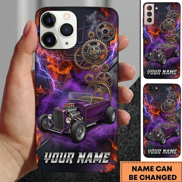 Maxcorners Hot Rod T Bucket Purple Roadster Gears Lightning Purple Flames Personalized Phone Case