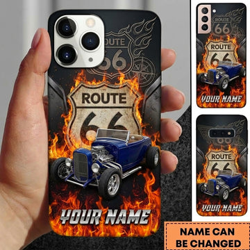 Maxcorners Hot Rod T Bucket Route 66 Blue Roadster Orange Flames Fire Personalized Phone Case