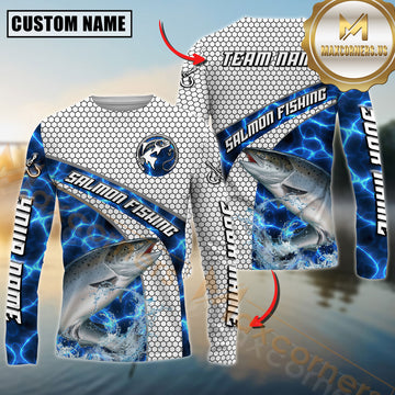 Maxcorners Salmon Fishing Honeycomb Electric Water Splash Personalized Name, Team Name Long Sleeve Shirt