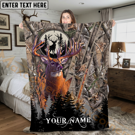 Maxcorners Deer Hunting Buck Realtree Woodland Camo Personalized 3D Blanket