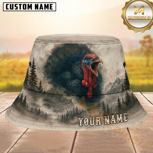 Maxcorners Turkey Hunting Vintage Sepia Forest Personalized Name 3D Bucket Hat