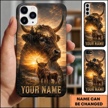 Maxcorners Hunting Highland Cow and Calf Golden Sunset Mountain Pine Forest Landscape Customized Name Phone Case