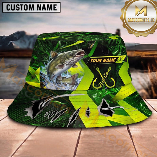 Maxcorners Fishing Neon Green Sport Personalized Name 3D Bucket Hat (12 Fish Species)