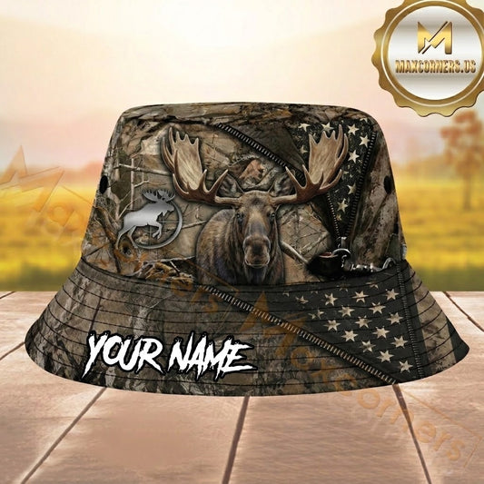 Maxcorners Moose Hunting Real Tree Camo Zipper US Flag Personalized Name 3D Bucket Hat