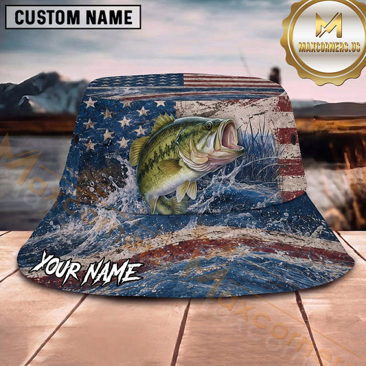 Maxcorners Fishing Patriotic Fishing Flag with Dynamic Water Personalized Name 3D Bucket Hat (13 Fish Species)