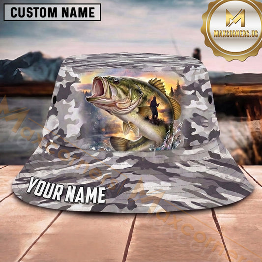 Maxcorners Fishing Blue Camo Fishing Illustration with Dynamic Splash Personalized Name 3D Bucket Hat (13 Fish Species)