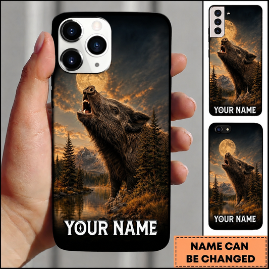 Maxcorners Hunting Roaring Boar Golden Moonlit Mountain Lake Customized Name Phone Case