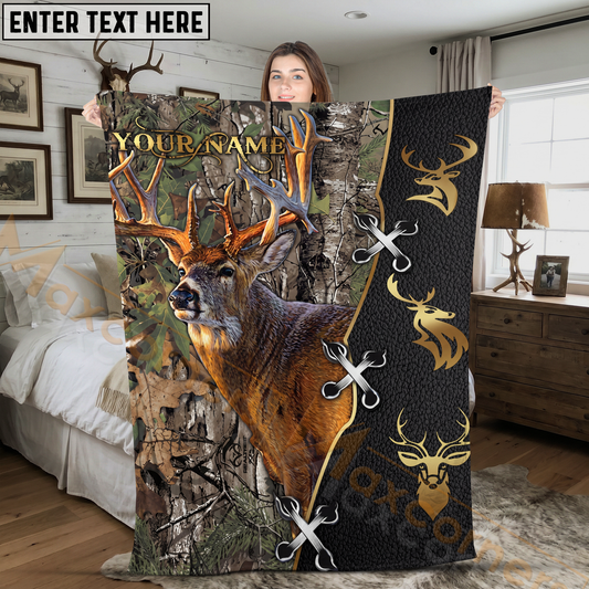 Maxcorners Premium Leather Whitetail Buck Woodland Personalized 3D Blanket