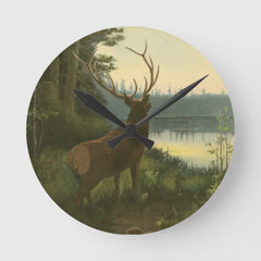 Maxcorners Back view of Elk Looking over a Lake Round Clock TU3012