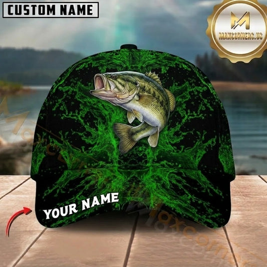 Maxcorners Fishing Black Neon Green Splash Customized Name 3D Cap