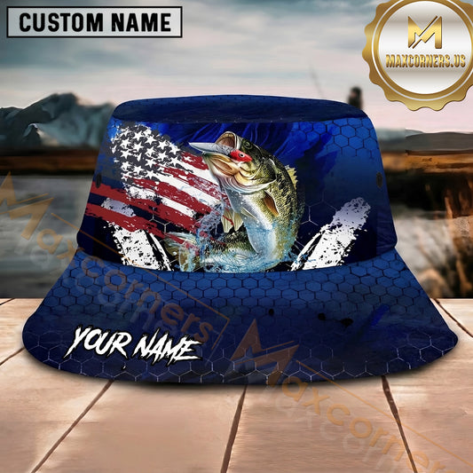 Maxcorners Fishing American Flag Blue Honeycomb Personalized Name 3D Bucket Hat (12 Fish Species)