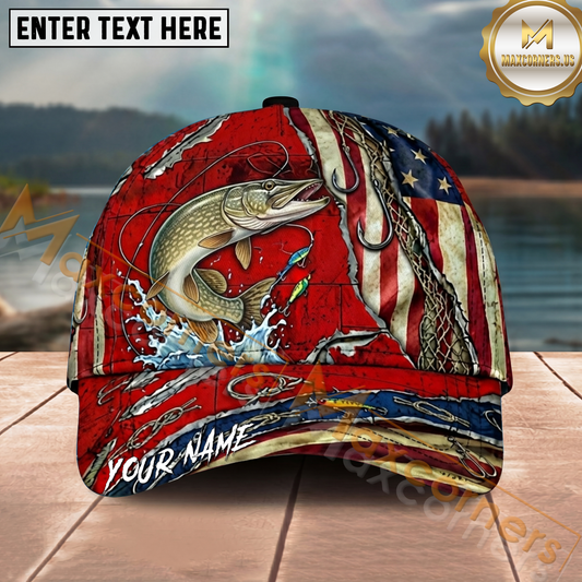 Maxcorners Fishing Ripped Red American Flag Hook Personalized Name 3D Cap (12 Fish Species)
