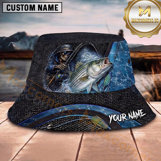 Maxcorners Fishing Dark Skull Fisherman with Dramatic Rod and Water Splash Personalized Name 3D Bucket Hat (13 Fish Species)