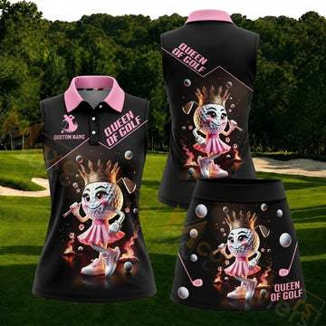 Maxcorners Black Pink Queen Of Golf Personalized Name 3D Golf Shirt and Golf Skirt