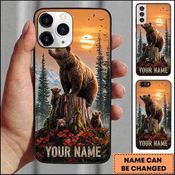 Maxcorners Hunting Brown Bear Cubs Wilderness Autumn Nature Tree Stump Sunset Customized Name Phone Case