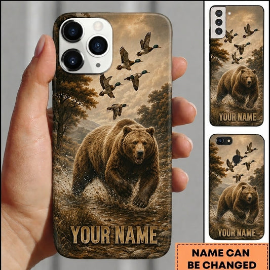 Maxcorners Hunting Bear Vintage Golden River Flying Ducks Customized Name Phone Case