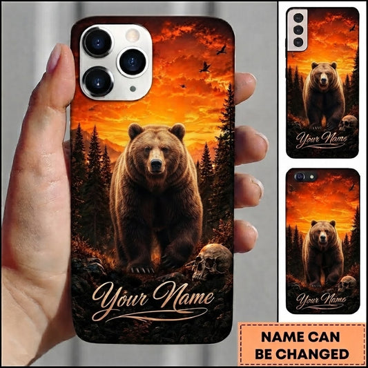 Maxcorners Hunting Majestic Bear Fiery Orange Sunset Mountain Forest Skull Customized Name Phone Case