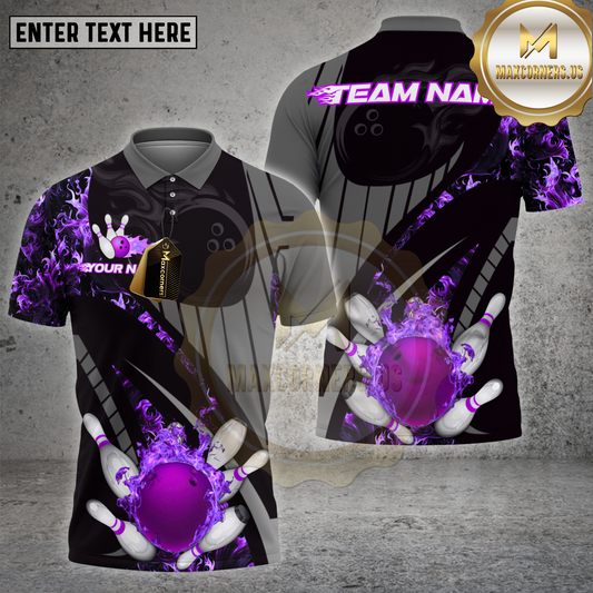 Maxcorners Bowling Shirt Flaming Ball and Pins Grey Pattern Multicolor Options Personalized Name, Team Name Unisex 3D Shirt (4 Colors)