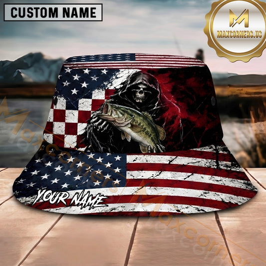 Maxcorners Grim Reaper Fishing American Flag Personalized Name 3D Bucket Hat (12 Fish Species)