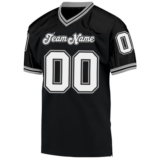 Maxcorners Custom Black White-Gray Mesh Authentic Throwback Football Jersey LM2605