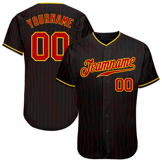 Maxcorners Custom Black Red Pinstripe Red-Gold Authentic Baseball Jersey LM2605