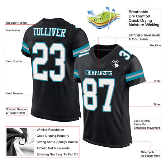 Maxcorners Custom Black White-Teal Mesh Authentic Football Jersey LM2605