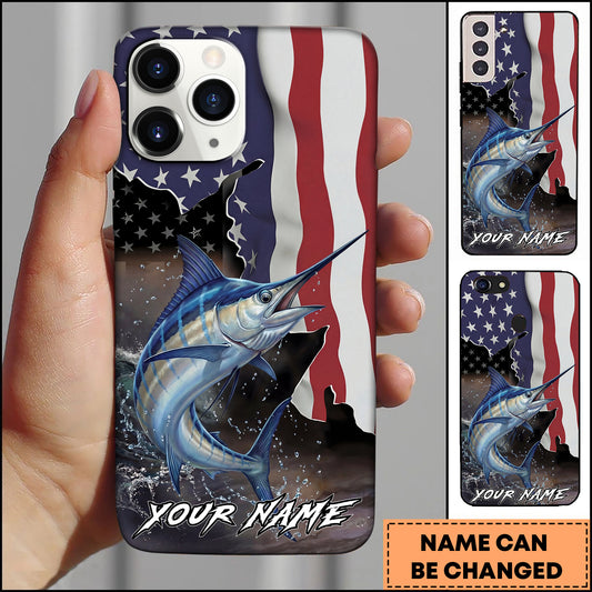 Maxcorners Marlin Fishing American Flag Patriotic Splash Personalized Name Phone Case