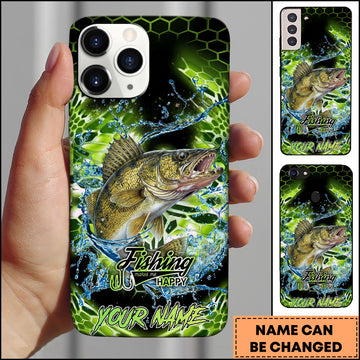 Maxcorners Walleye Fishing Neon Green Honeycomb Water Splash Personalized Name Phone Case