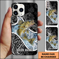 Maxcorners Walleye Fishing Tribal Pattern Black White Water Splash Personalized Name Phone Case