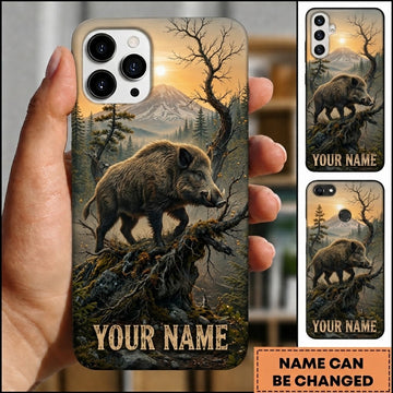 Maxcorners Hunting Wild Boar Mountain Sunrise Forest Cliff Wilderness Art Customized Name Phone Case