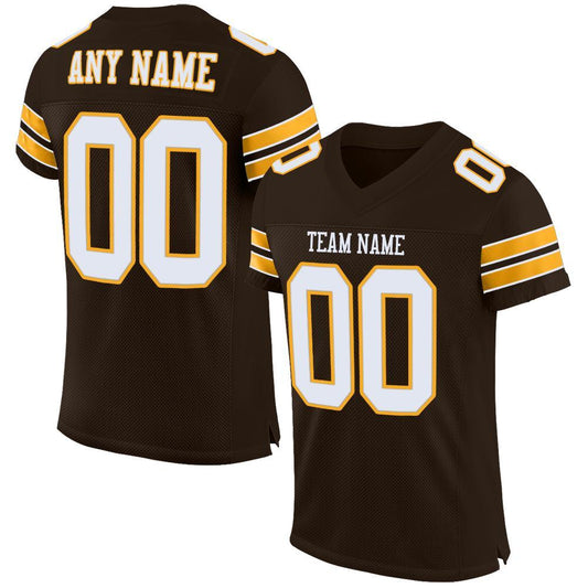 Maxcorners Custom Brown White-Gold Mesh Authentic Football Jersey LM2605