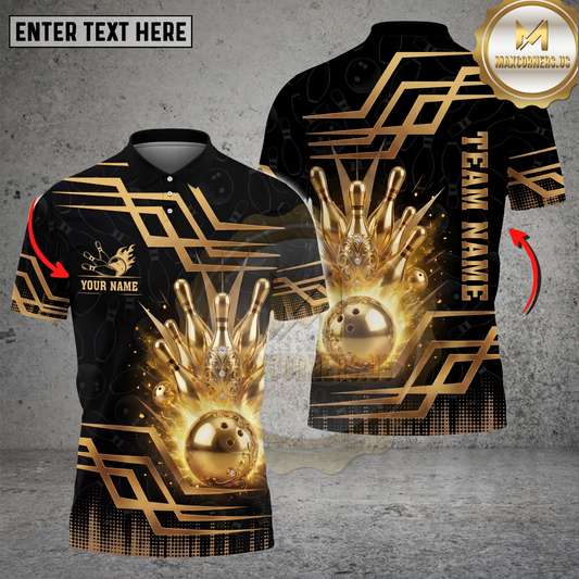 Maxcorners Bowling Shirt Luxury Golden Strike Multicolor Options Personalized Name, Team Name 3D Shirt (4 Colors)