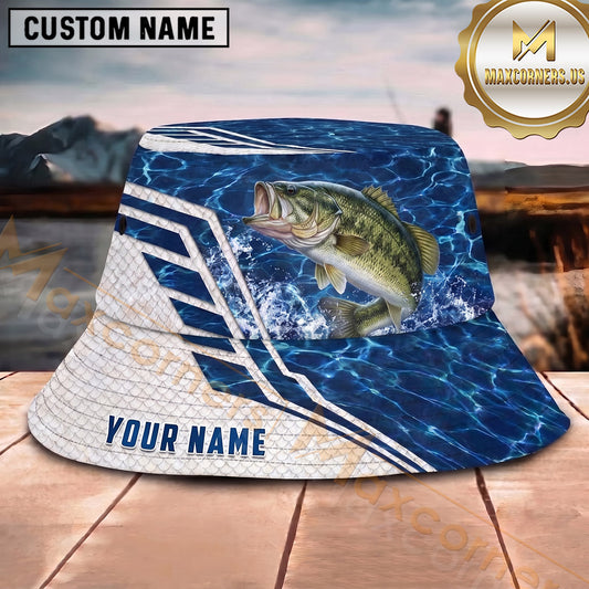 Maxcorners Fishing Blue Ocean White Geometric Scale Personalized 3D Bucket Hat (13 Fish Species)